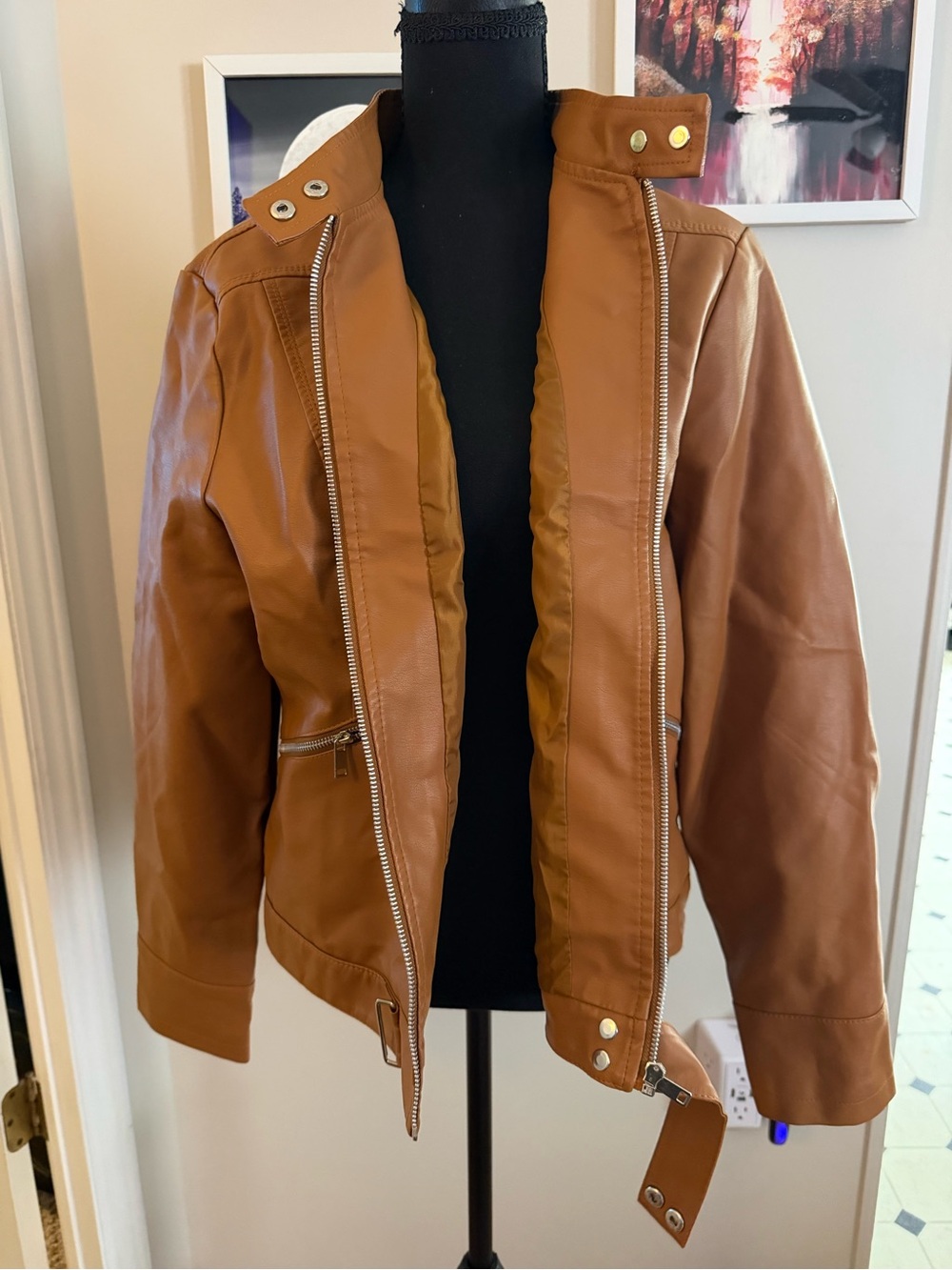 Women’s Brown Faux Leather Moto Jacket Size XXL